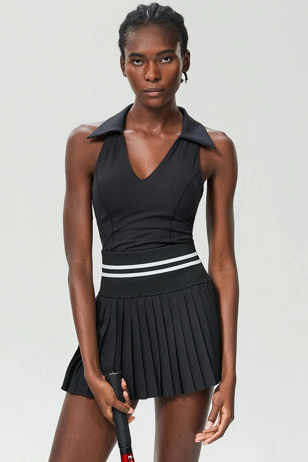 Regal V-Neck Tennis Set - Skirt + Top Sets Starlethics Black S