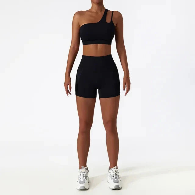 Depth Seamless One Shoulder Yoga Set - Shorts + Top Sets Starlethics Black S