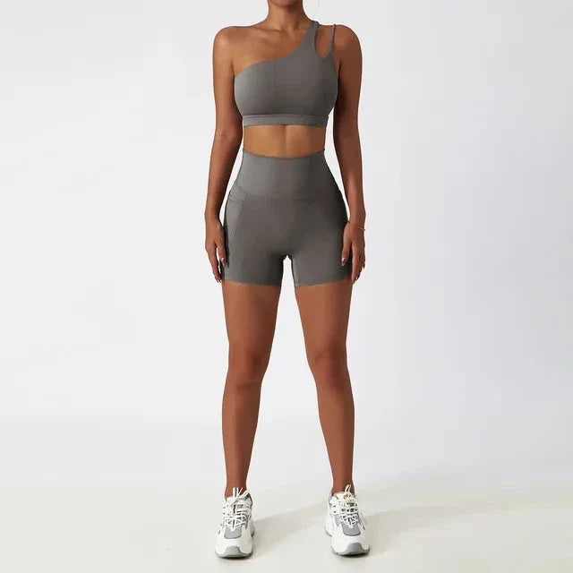 Depth Seamless One Shoulder Yoga Set - Shorts + Top Sets Starlethics Gray S