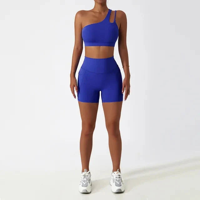 Depth Seamless One Shoulder Yoga Set - Shorts + Top Sets Starlethics Klein Blue S