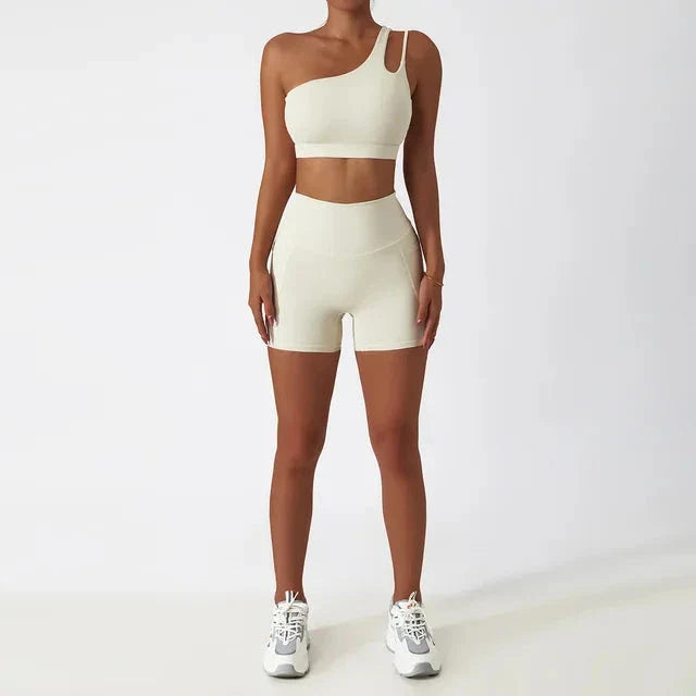Depth Seamless One Shoulder Yoga Set - Shorts + Top Sets Starlethics Cream S