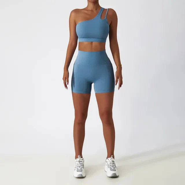 Depth Seamless One Shoulder Yoga Set - Shorts + Top Sets Starlethics Light Blue S