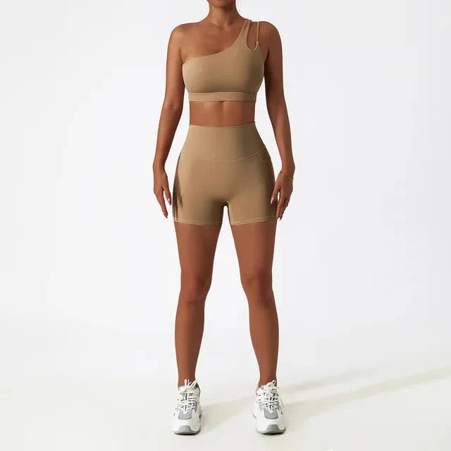 Depth Seamless One Shoulder Yoga Set - Shorts + Top Sets Starlethics Khaki S