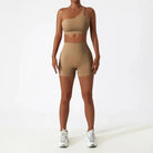 Depth Seamless One Shoulder Yoga Set - Shorts + Top Sets Starlethics Khaki S 