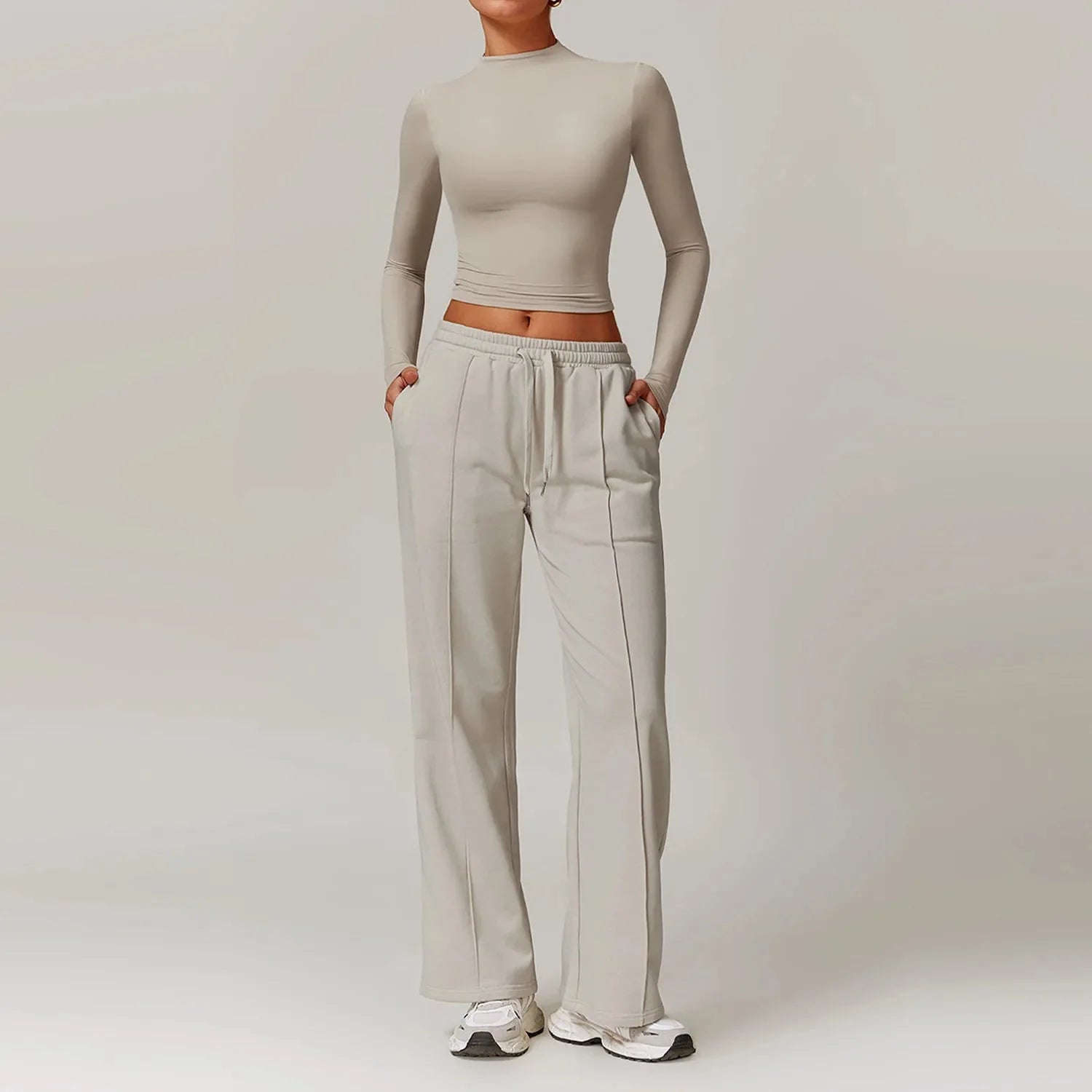 4.3 Sportswear Women Yoga Set 2PCS Sport Suit Gym Workout Clothes Long Sleeve Gym Crop Top High Waist Pants Fitness Sports Wear Starlethics Shallow Khaki Set 3 XL CHINA